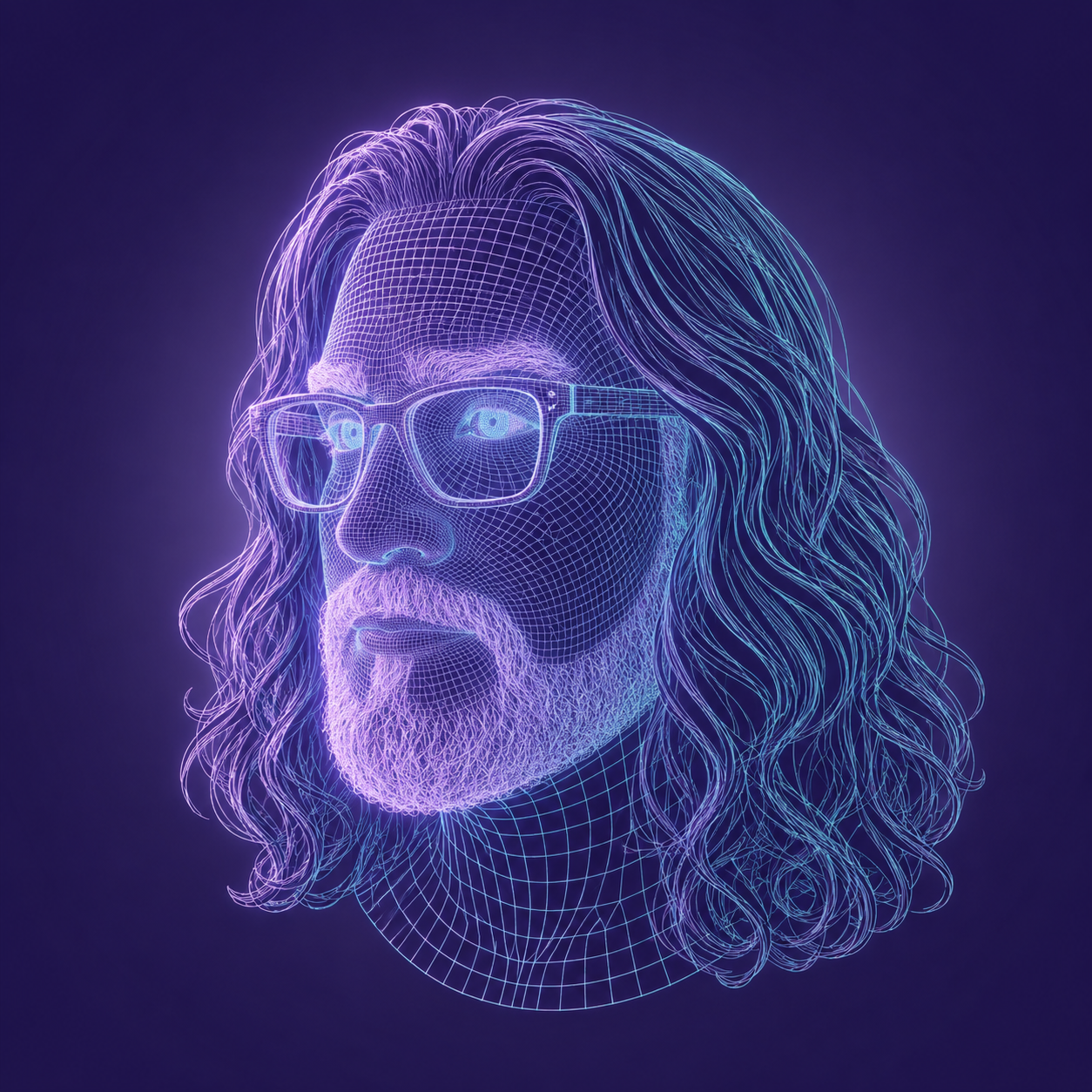 Retrato digital de Momo con acabado tridimensional en tonos violetas y azules.